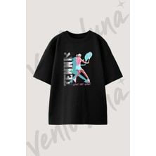 Tennis Player_1 Tasarım Baskılı Unisex Oversize Kalıp Siyah Tshirt