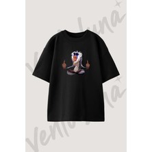 Rafiki Aslan Kral Tasarım Baskılı Unisex Oversize Kalıp Siyah Tshirt