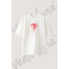 Red Jellyfish Tasarım Baskılı Unisex Oversize Kalıp Beyaz Tshirt