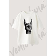 Rock Hand Tasarım Baskılı Unisex Oversize Kalıp Beyaz Tshirt