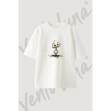 Cizgi Ordek_1 Tasarım Baskılı Unisex Oversize Kalıp Beyaz Tshirt