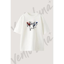 Taekwondo_1 Tasarım Baskılı Unisex Oversize Kalıp Beyaz Tshirt