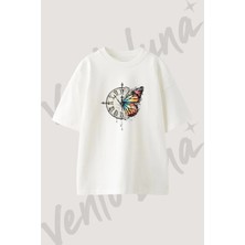 Saat Kelebek Tasarım Baskılı Unisex Oversize Kalıp Beyaz Tshirt