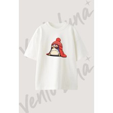 Penguin Cartoon Tasarım Baskılı Unisex Oversize Kalıp Beyaz Tshirt