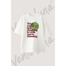 Retro Kus Tasarım Baskılı Unisex Oversize Kalıp Beyaz Tshirt
