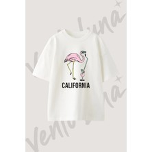 Flamingo Cocktail Tasarım Baskılı Unisex Oversize Kalıp Beyaz Tshirt