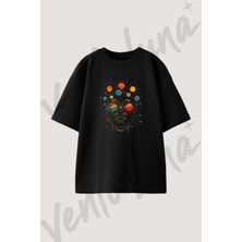 Kozmik Kafa_1 Tasarım Baskılı Unisex Oversize Kalıp Siyah Tshirt