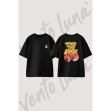 Risk Dice Tasarım Sırt Baskılı Pamuk Siyah Oversize T-Shirt