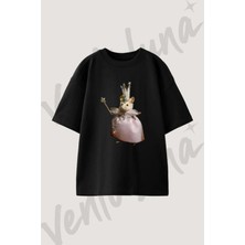 Fare Peri Tasarım Baskılı Unisex Oversize Kalıp Siyah Tshirt