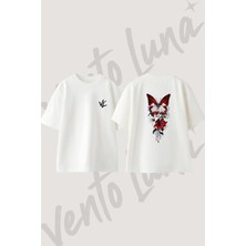 Kelebek Kalp Zambak Tasarım Sırt Baskılı Pamuk Beyaz Oversize T-Shirt