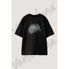 Radiant Orb Hands Tasarım Baskılı Unisex Oversize Kalıp Siyah Tshirt