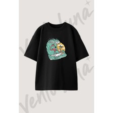 Flamingo Surfing Tasarım Baskılı Unisex Oversize Kalıp Siyah Tshirt