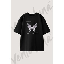 Butterfly Illustration Tasarım Baskılı Unisex Oversize Kalıp Siyah Tshirt