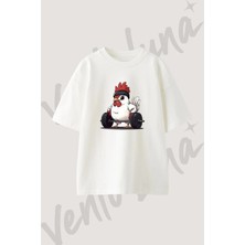 Fitness Tavuk Tasarım Baskılı Unisex Oversize Kalıp Beyaz Tshirt