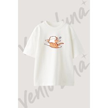 Cizgi Kedi_4 Tasarım Baskılı Unisex Oversize Kalıp Beyaz Tshirt