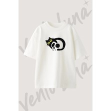 Cat Skull Tasarım Baskılı Unisex Oversize Kalıp Beyaz Tshirt