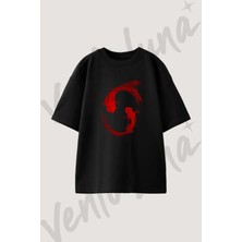 Red Koi Tasarım Baskılı Unisex Oversize Kalıp Siyah Tshirt