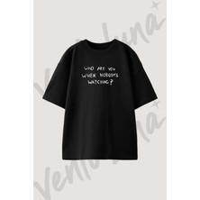 Who Are You Text Tasarım Baskılı Unisex Oversize Kalıp Siyah Tshirt