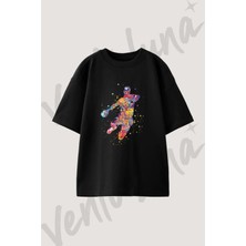 Renkli Basketbolcu Tasarım Baskılı Unisex Oversize Kalıp Siyah Tshirt