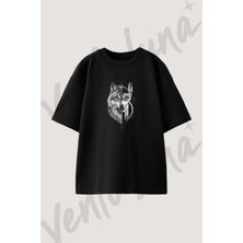 Wolf Geometric_1 Tasarım Baskılı Unisex Oversize Kalıp Siyah Tshirt