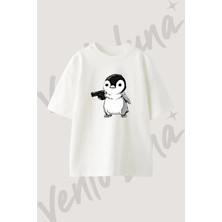 Penguin Gun Tasarım Baskılı Unisex Oversize Kalıp Beyaz Tshirt