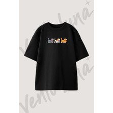 Cartoon Cats_2 Tasarım Baskılı Unisex Oversize Kalıp Siyah Tshirt