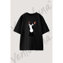 Kara Kedi_5 Tasarım Baskılı Unisex Oversize Kalıp Siyah Tshirt