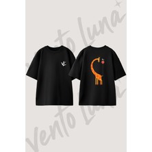 Zurafa Kus Tasarım Sırt Baskılı Pamuk Siyah Oversize T-Shirt