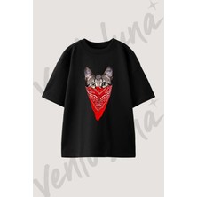 Gangster Cat Tasarım Baskılı Unisex Oversize Kalıp Siyah Tshirt