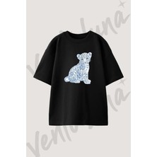 Porselen Leopar Tasarım Baskılı Unisex Oversize Kalıp Siyah Tshirt