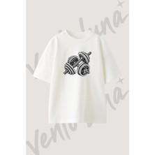 Sport Dumbbells Tasarım Baskılı Unisex Oversize Kalıp Beyaz Tshirt