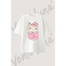 Kawaii Kedi Tasarım Baskılı Unisex Oversize Kalıp Beyaz Tshirt