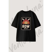 Rowing Sunset Tasarım Baskılı Unisex Oversize Kalıp Siyah Tshirt