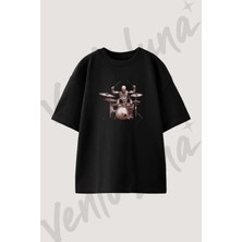 Drummer Sketch Tasarım Baskılı Unisex Oversize Kalıp Siyah Tshirt