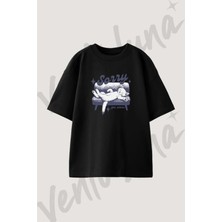 Uyuyan Kedi Tasarım Baskılı Unisex Oversize Kalıp Siyah Tshirt
