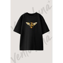 Bee Sunflower Tasarım Baskılı Unisex Oversize Kalıp Siyah Tshirt