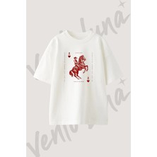 Cowboy Horse Tasarım Baskılı Unisex Oversize Kalıp Beyaz Tshirt