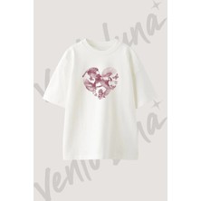 Birds Heart Tasarım Baskılı Unisex Oversize Kalıp Beyaz Tshirt