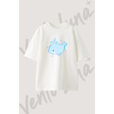 Kawaii Balina Tasarım Baskılı Unisex Oversize Kalıp Beyaz Tshirt