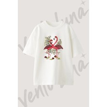 Flamingo Sanat Tasarım Baskılı Unisex Oversize Kalıp Beyaz Tshirt