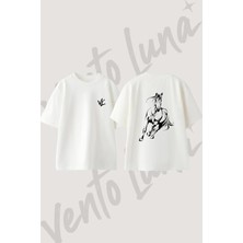 Horse Silhouette Tasarım Sırt Baskılı Pamuk Beyaz Oversize T-Shirt