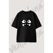 Panda Ask Tasarım Baskılı Unisex Oversize Kalıp Siyah Tshirt