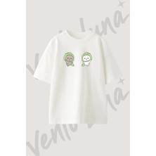 Dinozor Karakter Tasarım Baskılı Unisex Oversize Kalıp Beyaz Tshirt