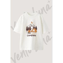 Dag Kamp Tasarım Baskılı Unisex Oversize Kalıp Beyaz Tshirt