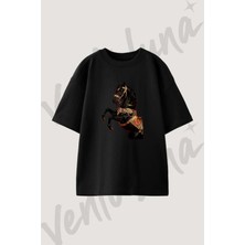 Dekoratif At Tasarım Baskılı Unisex Oversize Kalıp Siyah Tshirt
