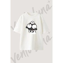 Cizgi Koyun Tasarım Baskılı Unisex Oversize Kalıp Beyaz Tshirt