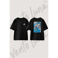 Leopard Flower Tasarım Sırt Baskılı Pamuk Siyah Oversize T-Shirt