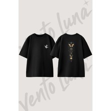 Kelebek Gunes Ay Tasarım Sırt Baskılı Pamuk Siyah Oversize T-Shirt