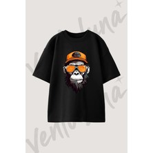 Goril Sapka Gozluk Tasarım Baskılı Unisex Oversize Kalıp Siyah Tshirt