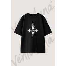 Barbell Heartbeat Geometric Tasarım Baskılı Unisex Oversize Kalıp Siyah Tshirt